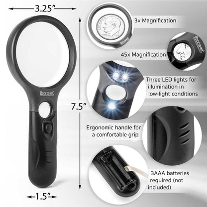 Magnifying Glass w/ 3 LED Lights  / 3x 45x Zoom - UHS Hardware