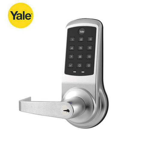YALE - ﻿NexTouch - Commercial Electronic Keypad Lever Lock - Augusta Lever - Pushbutton Keypad w/ Key Override - 2-3/4" Backset - Schlage C Keyway - Satin Chrome - Grade 1