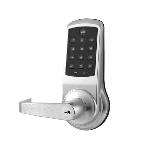 YALE - ﻿NexTouch - Commercial Electronic Keypad Lever Lock - Augusta Lever - Pushbutton Keypad w/ Key Override - 2-3/4" Backset - Schlage C Keyway - Satin Chrome - Grade 1