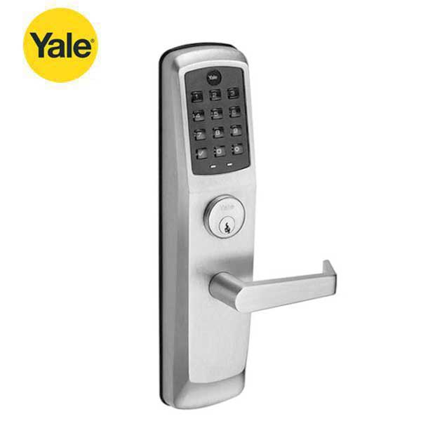 YALE-AUNTT610-NR-626 - Commercial Electronic Lever Keypad Exit Trim - Augusta Lever - No Radio - Push Button - Key Override - Satin Chrome - YALE Keyway - 6 Pin - Grade 1 - UHS Hardware
