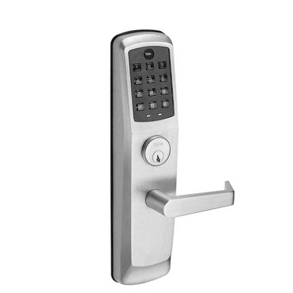 YALE-AUNTT610-NR-626 - Commercial Electronic Lever Keypad Exit Trim - Augusta Lever - No Radio - Push Button - Key Override - Satin Chrome - YALE Keyway - 6 Pin - Grade 1 - UHS Hardware