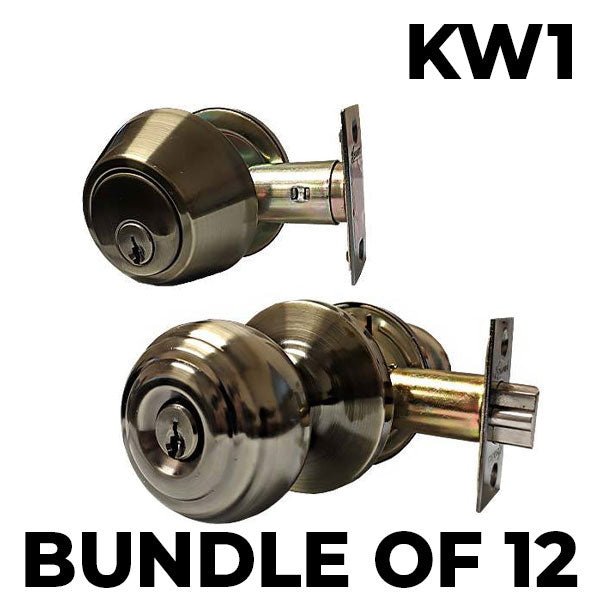 x12 Premium Combo Lockset - Knob & Deadbolt - Antique Brass - AB - KW1 (BUNDLE OF 12) - UHS Hardware