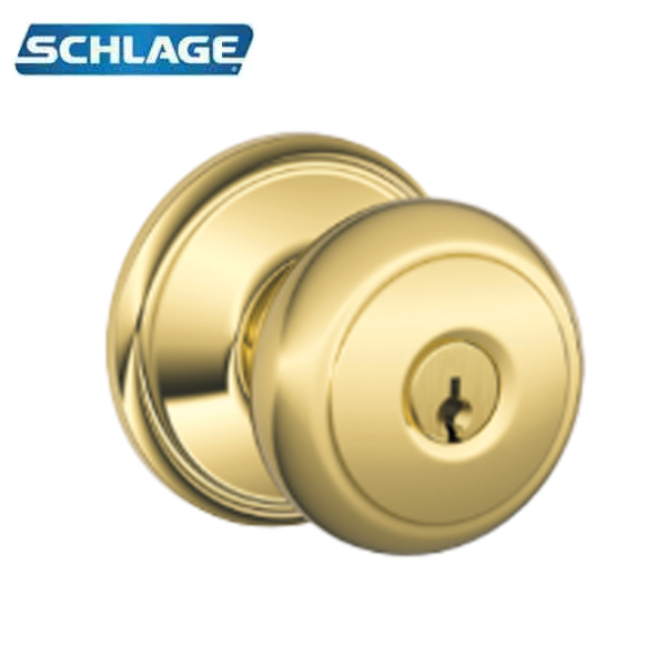 Schlage - F51A - Single Cylinder Keyed Entry - Andover Knob - Bright Brass - Round Rose - Grade 2 - UHS Hardware