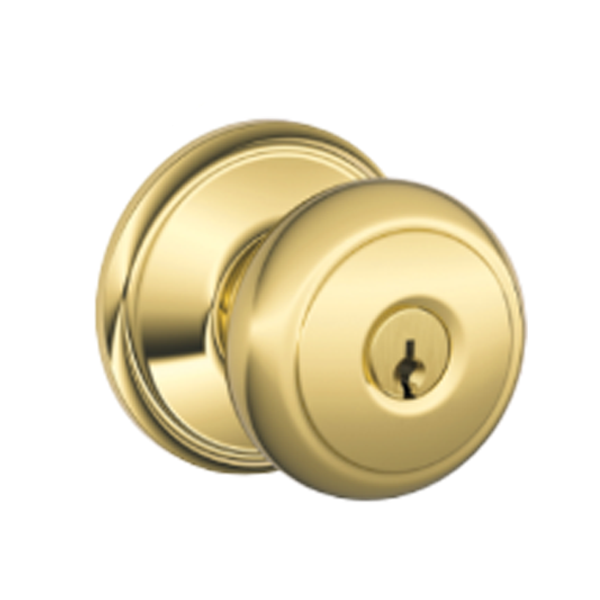 Schlage - F51A - Single Cylinder Keyed Entry - Andover Knob - Bright Brass - Round Rose - Grade 2 - UHS Hardware
