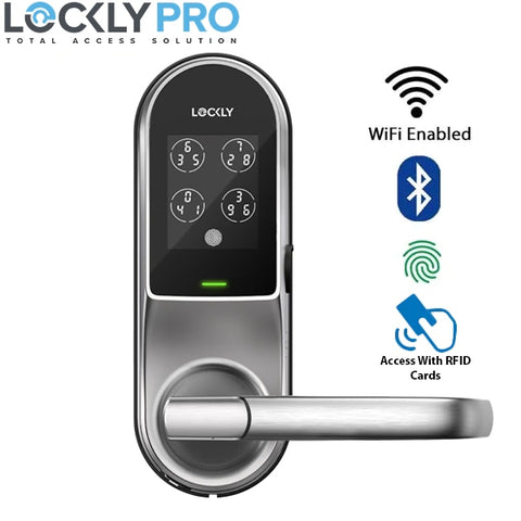 Lockly GUARD - PGD679LWSN - Lever Latch Smart Lock - Phone App - Fingerprint Reader - Wi-Fi - Bluetooth - Touchscreen - Key Override - MiFare RFID - Satin Nickel - UHS Hardware