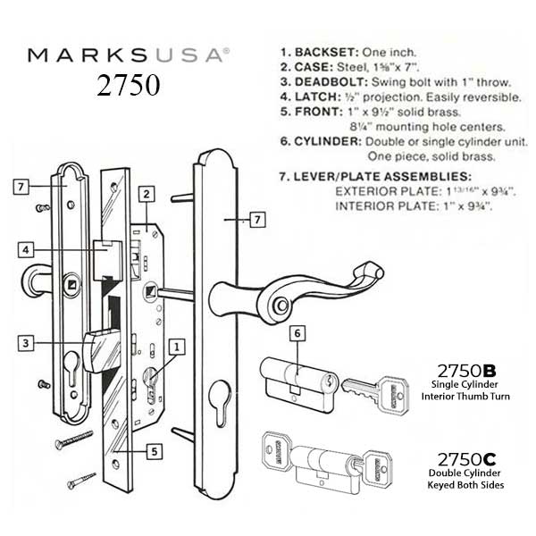 Marks USA - Thinline Series 2750B - Ornamental Iron Mortise Lockset - Sgl Cylinder - Backset: 2-1/2" - Entrance - Bright Brass - LH/RH - UHS Hardware