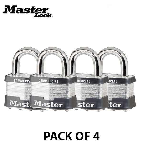 Master Lock - Padlock # 5 - 1-3/8" (51mm) Wide Laminated Steel - 2 " Shackle - Keyed Alike (Pack of 4) - UHS Hardware
