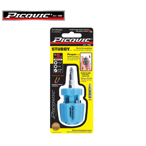 PICQUIC - Stubby - Multi Bit Screwdriver - W/ P1,2,3 / T15 / S 3/16", 1/4" (1/4" hex insert bits) - UHS Hardware