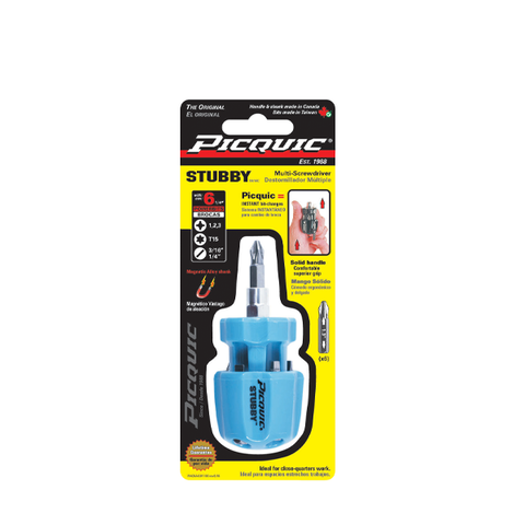 PICQUIC - Stubby - Multi Bit Screwdriver - W/ P1,2,3 / T15 / S 3/16", 1/4" (1/4" hex insert bits) - UHS Hardware